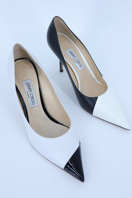 JIMMY CHOO Love 85 Asymmetric Pumps White Black Pointed Toe Women's 40.5/US 10.5