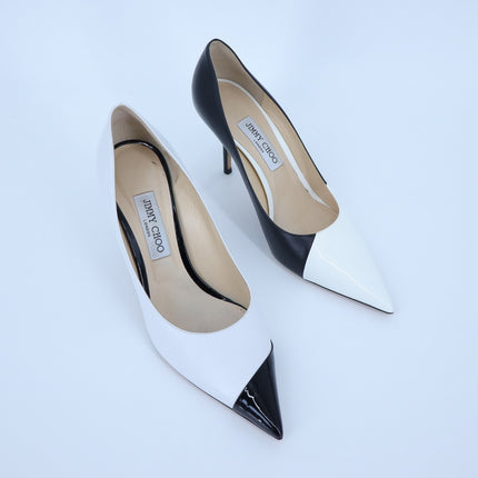 JIMMY CHOO Love 85 Asymmetric Pumps White Black Pointed Toe Women's 40.5/US 10.5