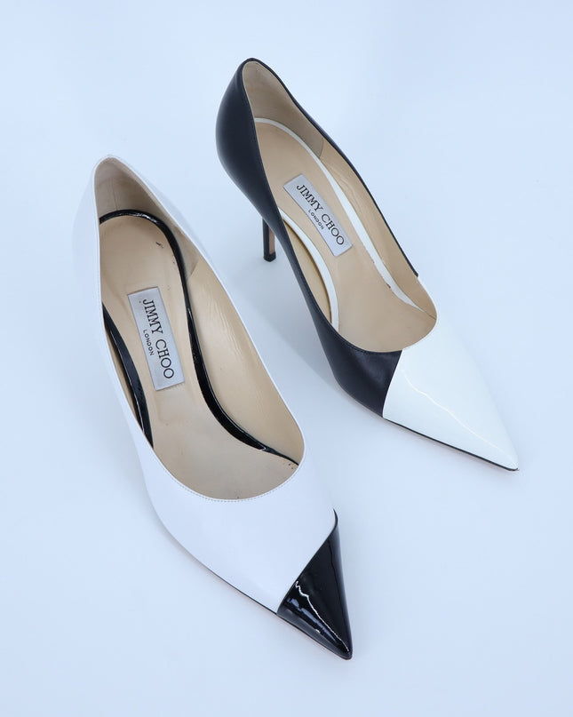 JIMMY CHOO Love 85 Asymmetric Pumps White Black Pointed Toe Women's 40.5/US 10.5