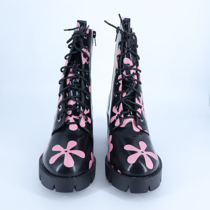 Allegra K Platform Heeled Boots Black Pink Floral Lace Up Women's 41/US 10