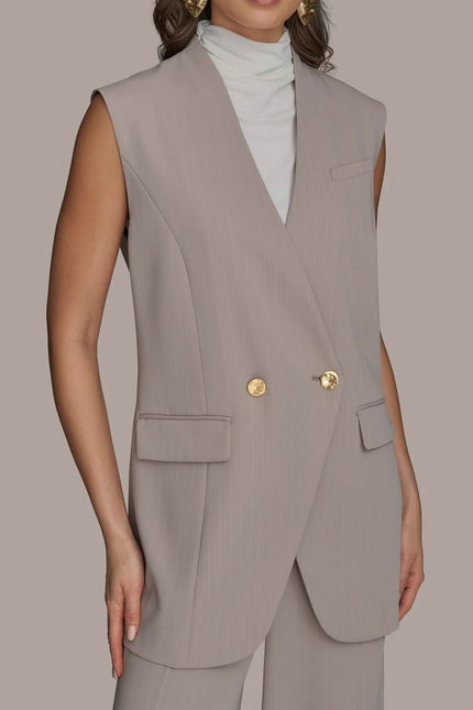 DONNA KARAN NWT Pinstripe Double Breasted Vest Cobblestone Cream Women's 10P