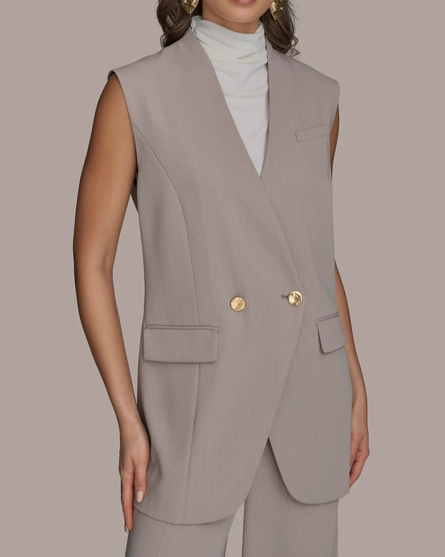 DONNA KARAN NWT Pinstripe Double Breasted Vest Cobblestone Cream Women's 10P