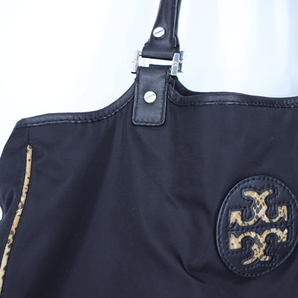 TORY BURCH Black Nylon Tote Bag Reptile Contrast Packable Travel Purse Beachwear