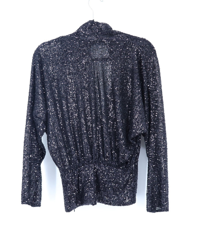 ZARA Draped Sequin Blouse Black Surplice V-Neckline Long Sleeve Women's S