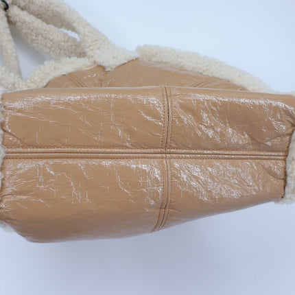 Stand Studio Lolita Tote Bag Faux Shearling Trimmed Beige and White