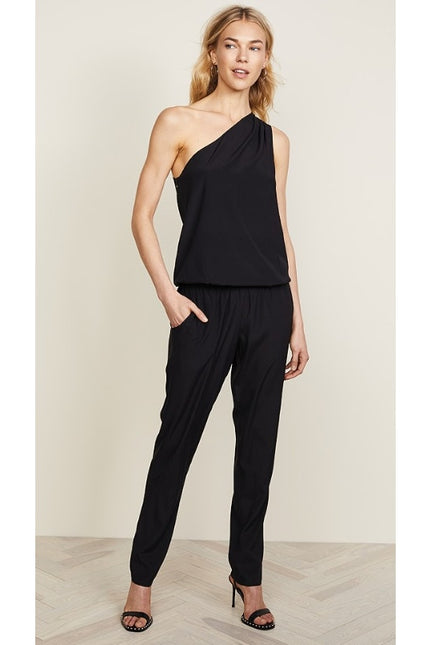 RAMY BROOK Silk Lulu Jumpsuit Black One Shoulder Draped Sleeve Women's L