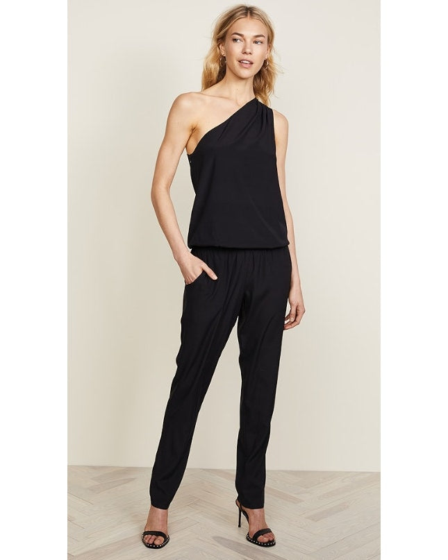 RAMY BROOK Silk Lulu Jumpsuit Black One Shoulder Draped Sleeve Women's L