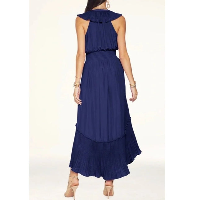 RAMY BROOK Camden Ruffle Maxi Dress Navy Blue Accordion Pleat V Neck Women's M
