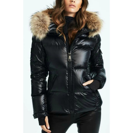 SAM. Blake Down Puffer Coat Black Raccoon Trim Quilted Jacket Women's M