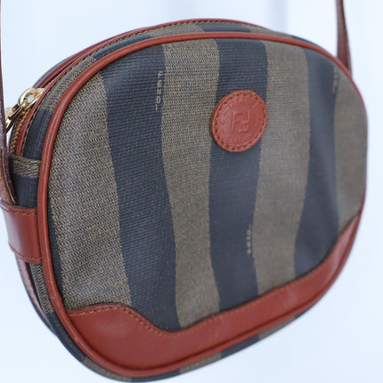 Fendi Pequin Striped Leather Crossbody Purse Round Brown Black Vintage 90's