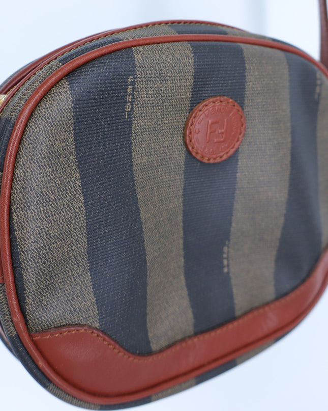 Fendi Pequin Striped Leather Crossbody Purse Round Brown Black Vintage 90's