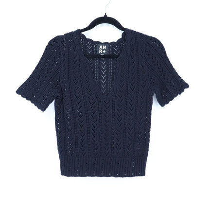Alp n Rock Eileen Sweater Black V Neck Pointelle Knit Pullover Women's S