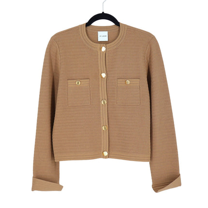ST. JOHN Racking Stitch Knit Cardigan Tan Front Pockets Button Up Women's L