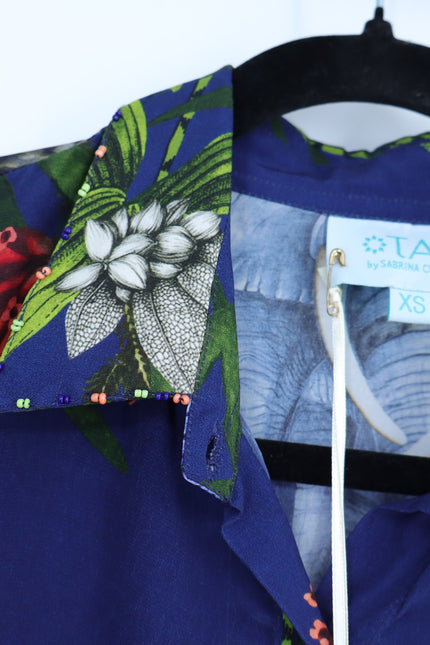 TAJ BY SABRINA Malta Blue Wrap Dress Embroidered Safari Print Women's XS