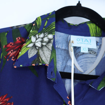 TAJ BY SABRINA Malta Blue Wrap Dress Embroidered Safari Print Women's XS