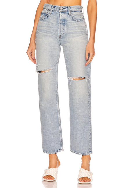 MOUSSY Tifton Wide Straight Jeans Light Blue High Rise Distressed Women's 28