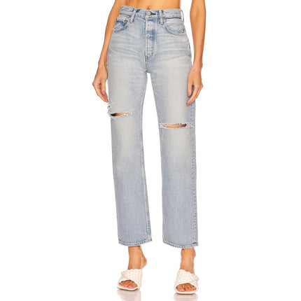 MOUSSY Tifton Wide Straight Jeans Light Blue High Rise Distressed Women's 28