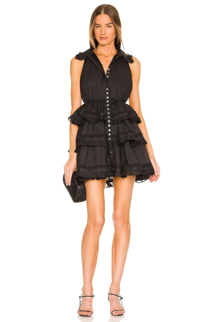 JOSLIN NEW Celia Trapeze Shirt Dress Black Organic Cotton Ruffled Lace Women's 2