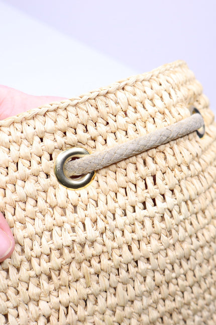 PACO RABANNE Natural Raffia Bucket Bag Gold Chain Link Top Handle Crossbody Bag