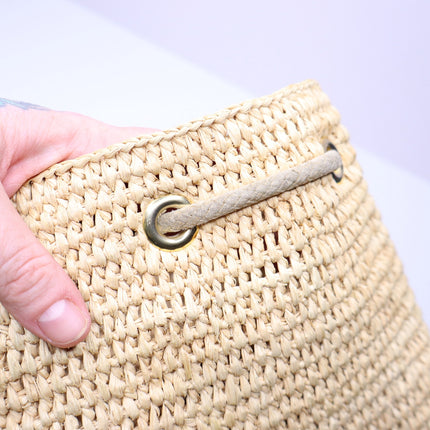 PACO RABANNE Natural Raffia Bucket Bag Gold Chain Link Top Handle Crossbody Bag