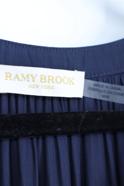 RAMY BROOK Camden Ruffle Maxi Dress Navy Blue Accordion Pleat V Neck Women's M