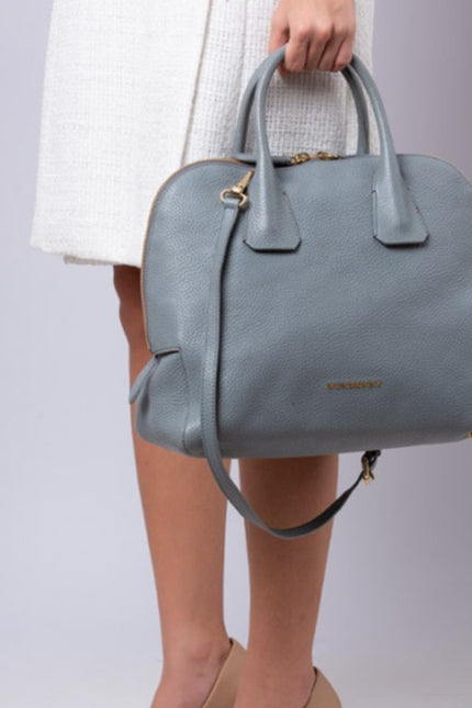 BURBERRY Greenwood Bowling Bag Grey Pebbled Leather with Plaid Lining Crossbody