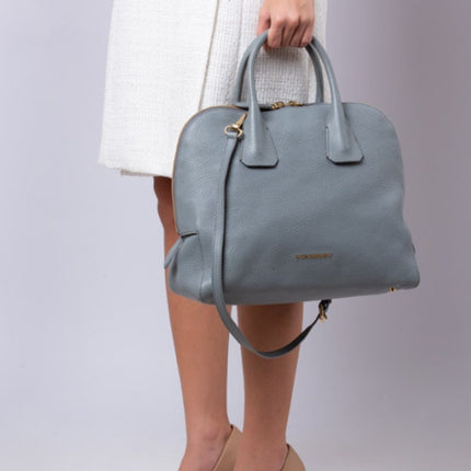 BURBERRY Greenwood Bowling Bag Grey Pebbled Leather with Plaid Lining Crossbody