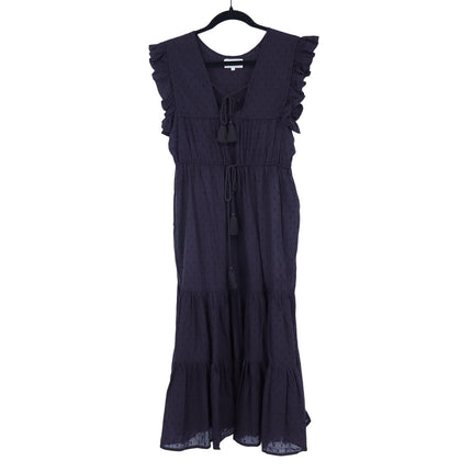 Mille Esme Midi Dress Black Textured Cotton Swiss Dot Tassel Tie Women's XS