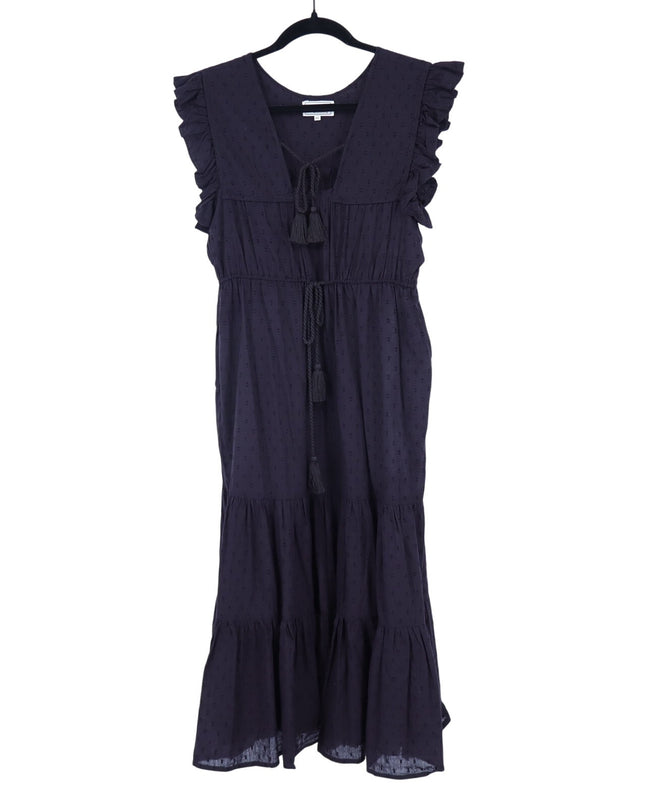 Mille Esme Midi Dress Black Textured Cotton Swiss Dot Tassel Tie Women's XS