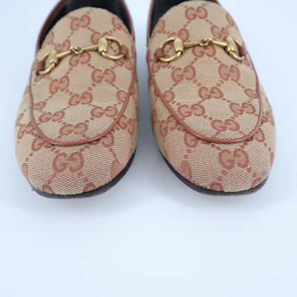 Gucci Jordaan Horsebit Loafers Beige GG Canvas Slip On Women's 35.5/US 5.5