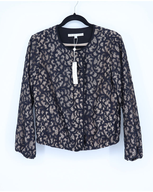 Trina Turk Lace Overlay Jacket Beige and Black NWT Lightweight Zip Up Women's 2