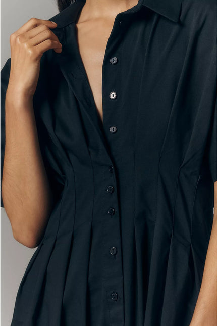 EXQUISE The Tobie Shirt Dress Black Pleated Maxi Short Sleeve Women's M