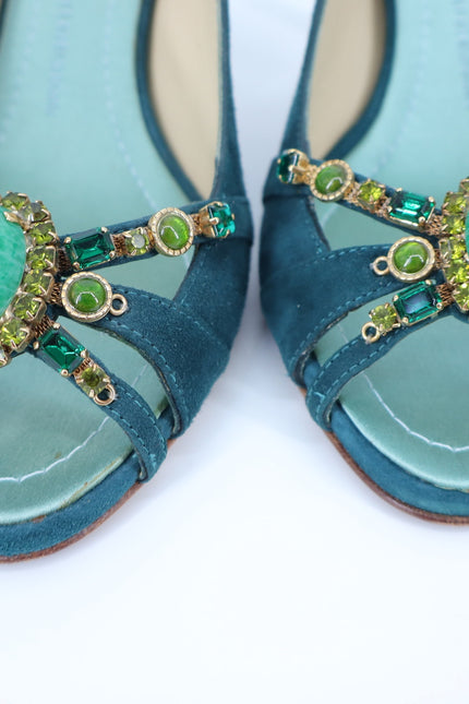 GIUSEPPE ZANOTTI Swarovski Gemmed Slingback Heel Teal Suede Women's 38.5/US 8.5