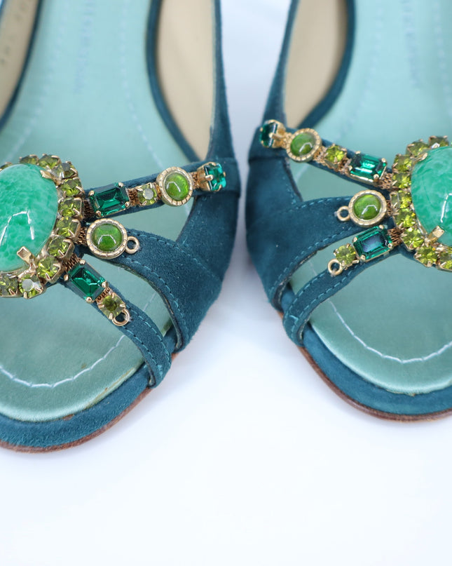 GIUSEPPE ZANOTTI Swarovski Gemmed Slingback Heel Teal Suede Women's 38.5/US 8.5