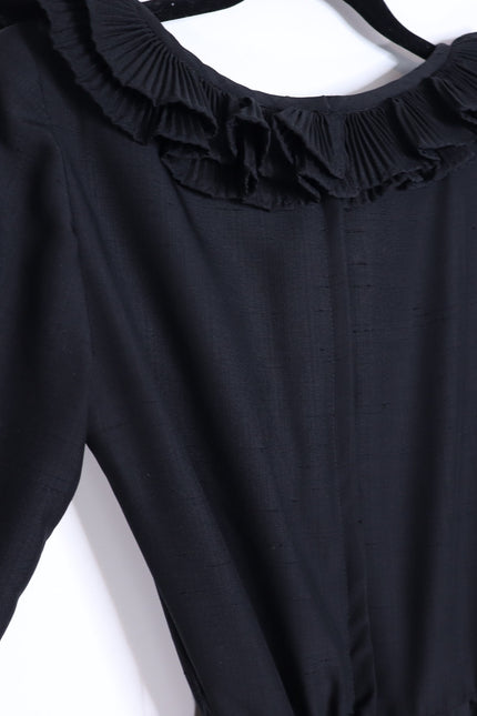 VICTOR COSTA Vintage 90s Midi Dress Black Ruffled Trim Long Sleeve Women's 4