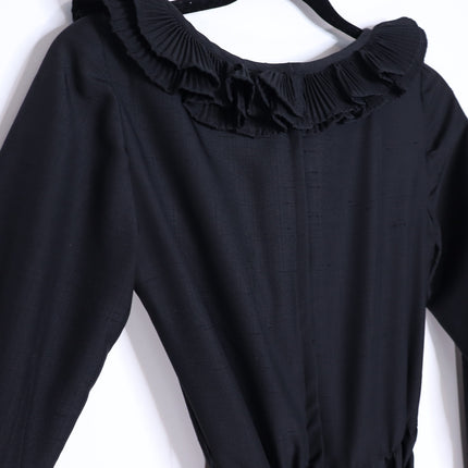 VICTOR COSTA Vintage 90s Midi Dress Black Ruffled Trim Long Sleeve Women's 4