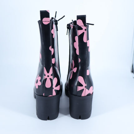 Allegra K Platform Heeled Boots Black Pink Floral Lace Up Women's 41/US 10