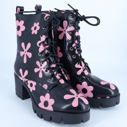 Allegra K Platform Heeled Boots Black Pink Floral Lace Up Women's 41/US 10