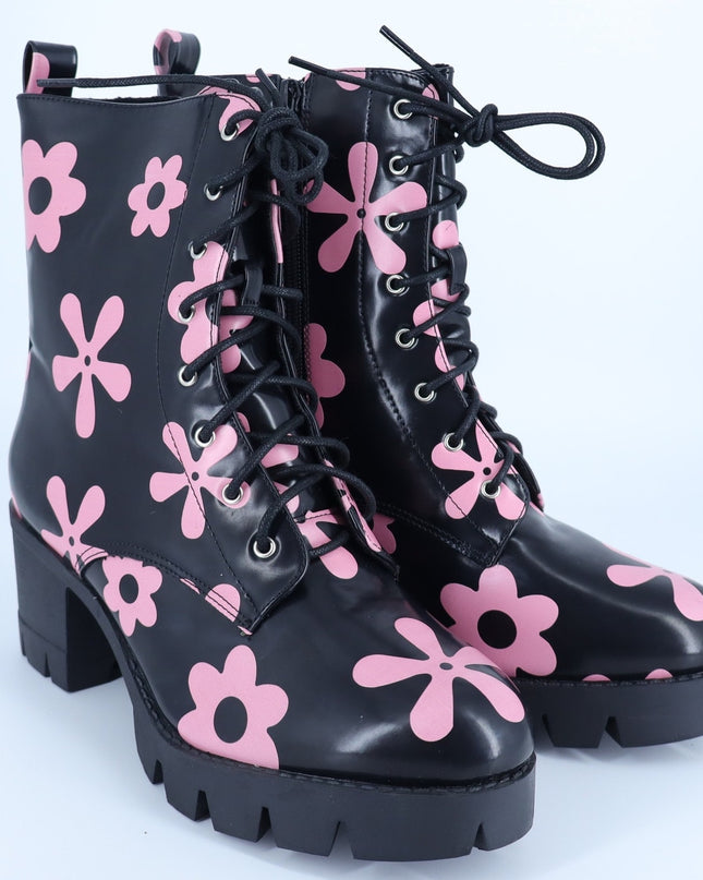 Allegra K Platform Heeled Boots Black Pink Floral Lace Up Women's 41/US 10