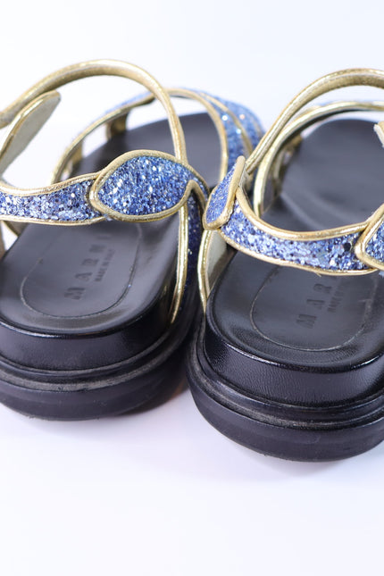 MARNI Flat Glitter Sandals Blue and Gold Butterfly Ankle Strap Women's 38/US 8