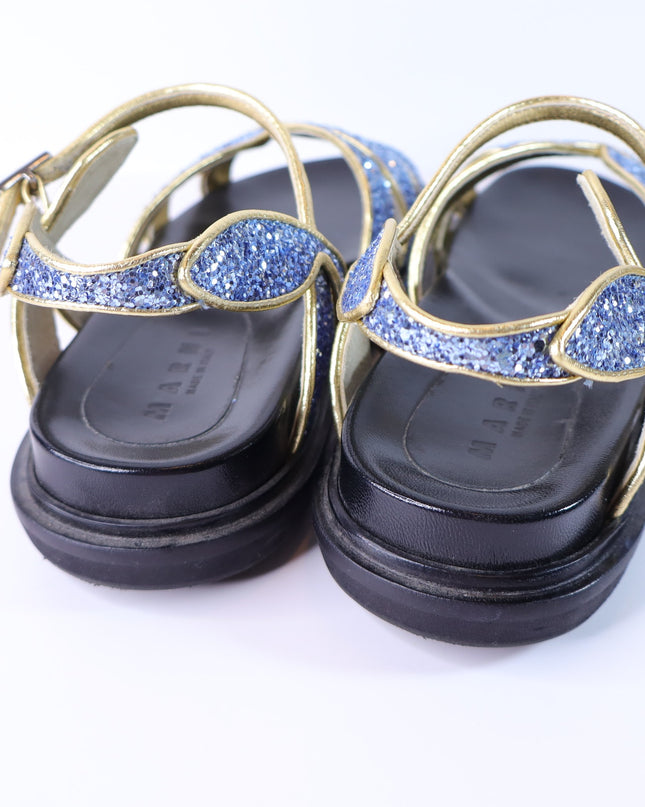 MARNI Flat Glitter Sandals Blue and Gold Butterfly Ankle Strap Women's 38/US 8
