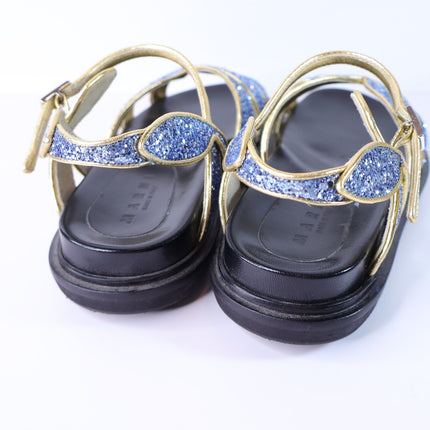 MARNI Flat Glitter Sandals Blue and Gold Butterfly Ankle Strap Women's 38/US 8