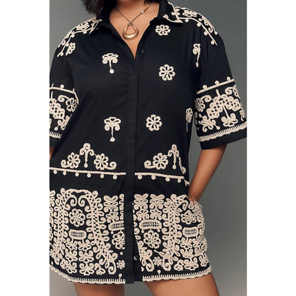 MAEVE Short Sleeve Collared Mini Shirt Dress Black Embroidered Casual Women's XS