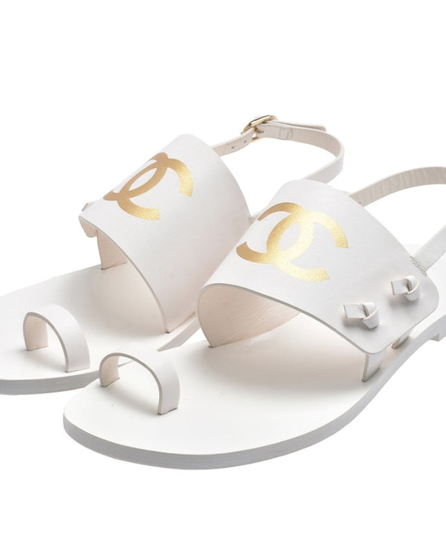 Chanel Interlocking CC Logo Leather Sandal White Slingback Women's 36/US 5.5