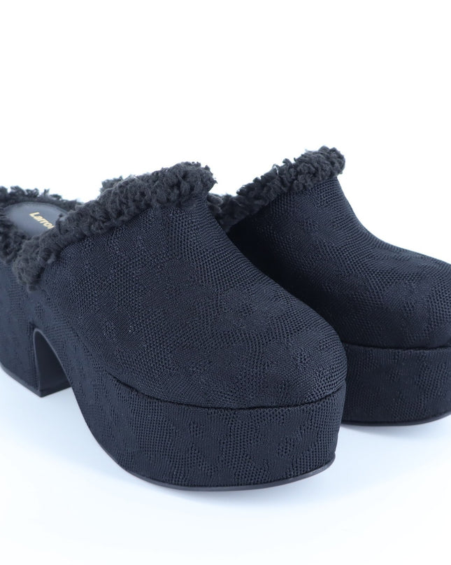 Larroude Miso Platform Heeled Clog Black Floral Fringed Slip On Women's 10