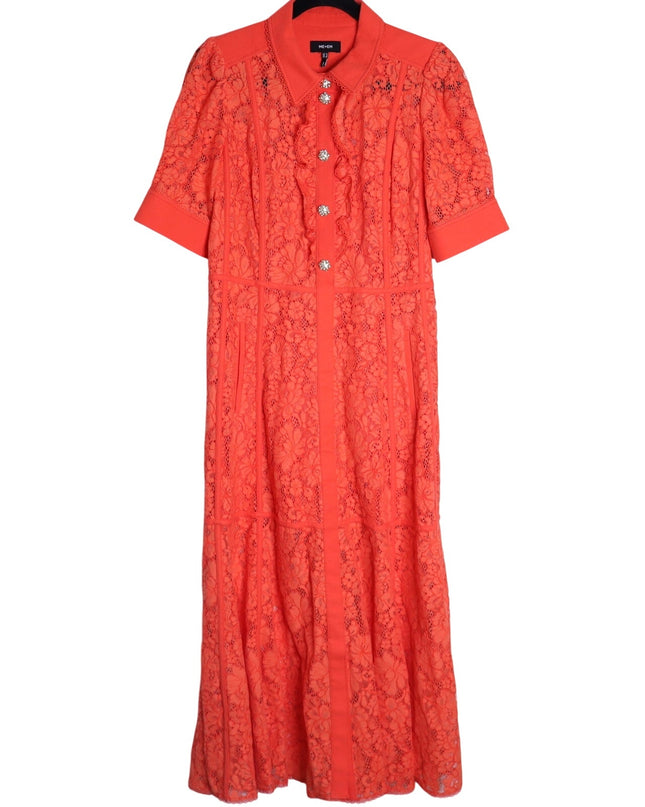 ME+EM Guipure Lace Ruffle Maxi Dress Papaya Orange Short Sleeve Women's 8