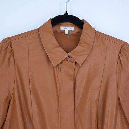 Tyler Boe Mitzi Vegan Leather Dress Light Brown Collared Short Sleeve Women's M