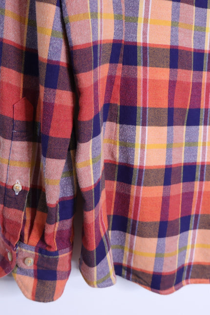 STENSTROMS Slimline Button Down Shirt Orange Multi Tartan Plaid Men's L