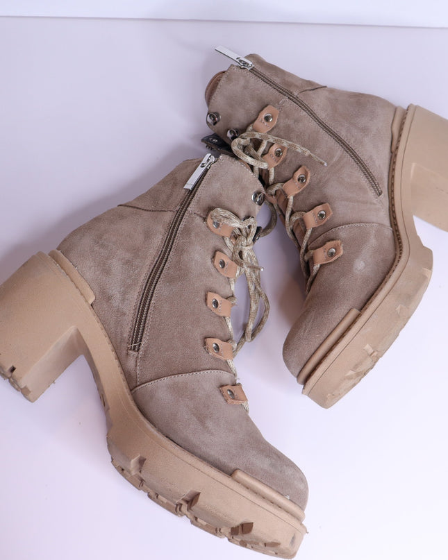 AQUATALIA Valia Platform Heeled Combat Boot Light Taupe Suede Women's 10.5