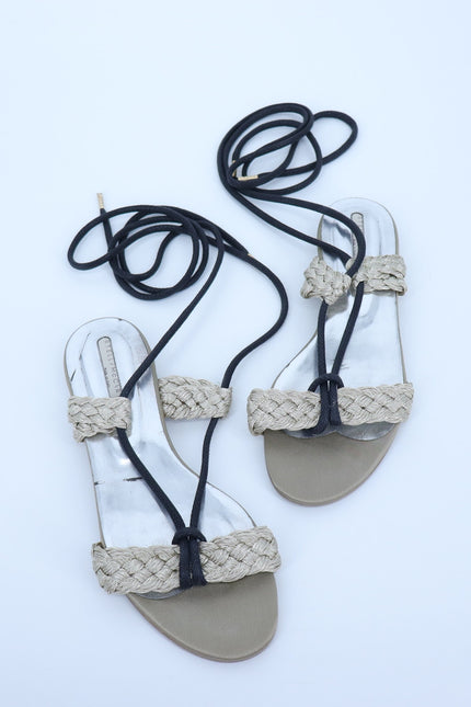 STELLA MCCARTNEY Gladiator Sandals Taupe Black Braided Lace Women's 37.5/US 7.5